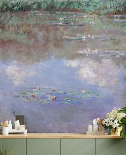mural de papel de parede de belas artes chamado Reflexões de nuvens na lagoa de nenúfares de Monet