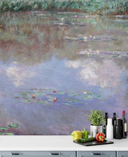 Kunsttapete mit dem Titel Reflexionen der Wolken auf dem Seerosenteich von Monet