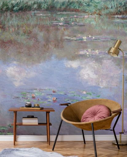 mural de papel de parede de belas artes chamado Reflexões de nuvens na lagoa de nenúfares de Monet