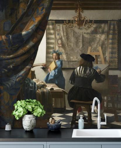 kunsttapet vægmaleri kaldet The Allegory of Painting af Johannes Vermeer