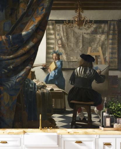 Kunsttapete mit dem Titel Die Allegorie der Malerei von Johannes Vermeer Kunsttapete mit dem Titel Die Allegorie der Malerei von Johannes Vermeer