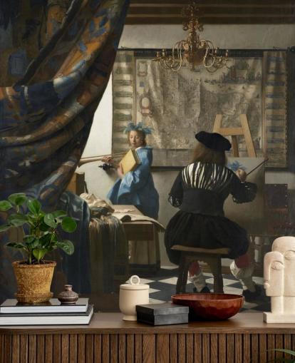kunsttapet vægmaleri kaldet The Allegory of Painting af Johannes Vermeer