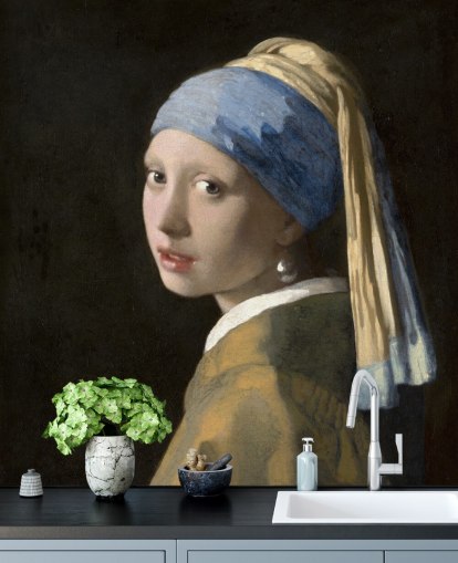 mural de papel pintado de bellas artes llamado Niña con un pendiente de perla de Vermeer para dormitorios, salas de estar y cocinas