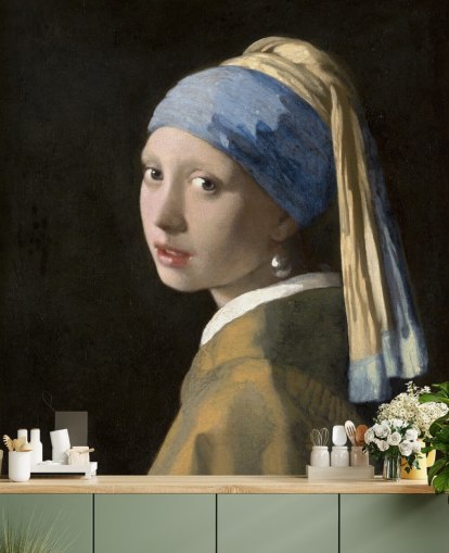 mural de papel pintado de bellas artes llamado Niña con un pendiente de perla de Vermeer para dormitorios, salas de estar y cocinas