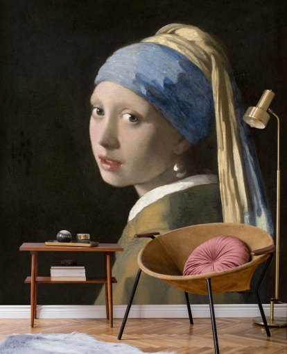 mural de papel pintado de bellas artes llamado Niña con un pendiente de perla de Vermeer para dormitorios, salas de estar y cocinas