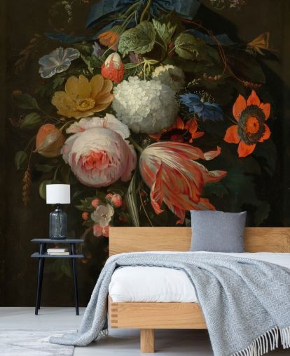 blomstertapet vægmaleri kaldet A Hanging Bouquet of Flowers af Abraham Mignon til soveværelser og stuer
