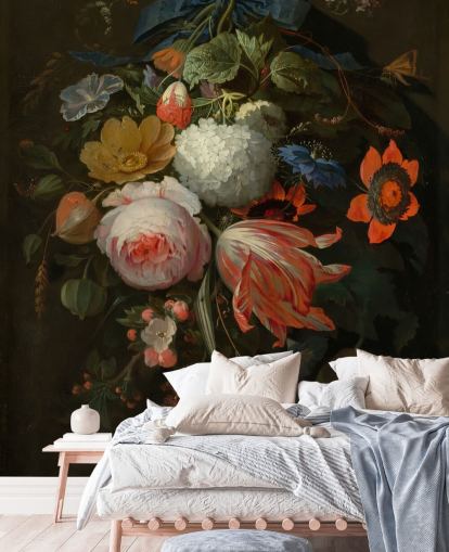 Blumentapete mit dem Titel A Hanging Bouquet of Flowers von Abraham Mignon für Schlafzimmer und Wohnzimmer