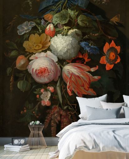 blomstertapet veggmaleri kalt A Hanging Bouquet of Flowers av Abraham Mignon for soverom og stuer