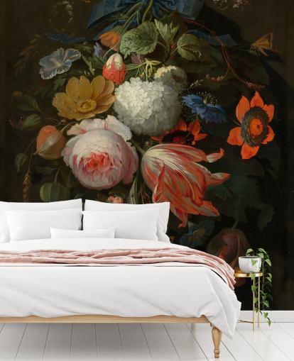 blomstertapet vægmaleri kaldet A Hanging Bouquet of Flowers af Abraham Mignon til soveværelser og stuer