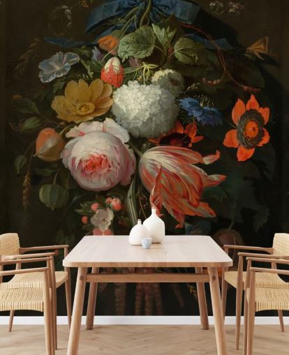 carta da parati murale floreale chiamata A Hanging Bouquet of Flowers di Abraham Mignon per camere da letto e salotti