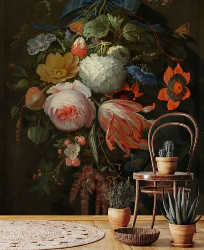 blomstertapet vægmaleri kaldet A Hanging Bouquet of Flowers af Abraham Mignon til soveværelser og stuer blomstertapet vægmaleri kaldet A Hanging Bouquet of Flowers af Abraham Mignon til soveværelser og stuer