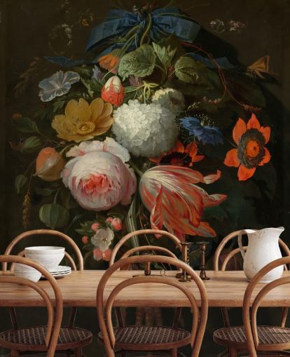 carta da parati murale floreale chiamata A Hanging Bouquet of Flowers di Abraham Mignon per camere da letto e salotti