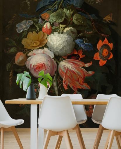 Blumentapete mit dem Titel A Hanging Bouquet of Flowers von Abraham Mignon für Schlafzimmer und Wohnzimmer
