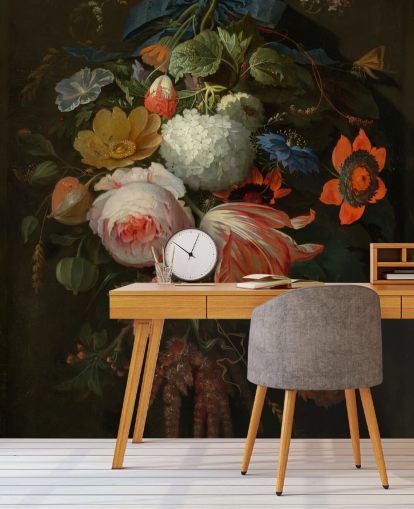 Blumentapete mit dem Titel A Hanging Bouquet of Flowers von Abraham Mignon für Schlafzimmer und Wohnzimmer
