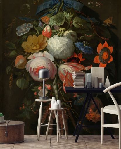 mural de papel pintado floral llamado A Hanging Bouquet of Flowers de Abraham Mignon para dormitorios y salas de estar