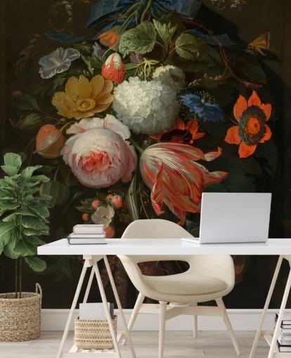 papier peint mural floral appelé A Hanging Bouquet of Flowers d'Abraham Mignon pour les chambres et les salons
