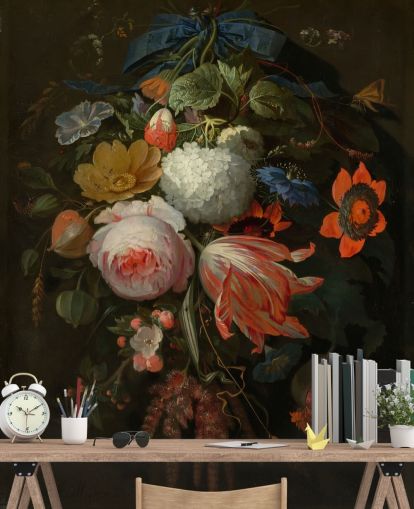 floral wallpaper mural called A Hanging Bouquet of Flowers by Abraham Mignon for bedrooms and living rooms