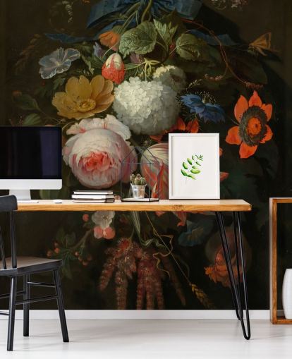 floral wallpaper mural called A Hanging Bouquet of Flowers by Abraham Mignon for bedrooms and living rooms floral wallpaper mural called A Hanging Bouquet of Flowers by Abraham Mignon for bedrooms and living rooms