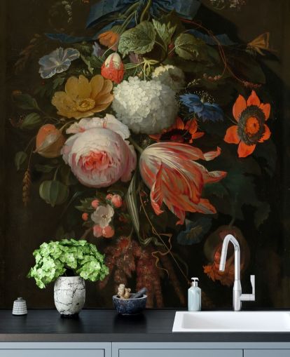 Blumentapete mit dem Titel A Hanging Bouquet of Flowers von Abraham Mignon für Schlafzimmer und Wohnzimmer