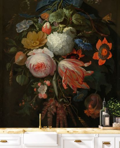 blomstertapet vægmaleri kaldet A Hanging Bouquet of Flowers af Abraham Mignon til soveværelser og stuer blomstertapet vægmaleri kaldet A Hanging Bouquet of Flowers af Abraham Mignon til soveværelser og stuer