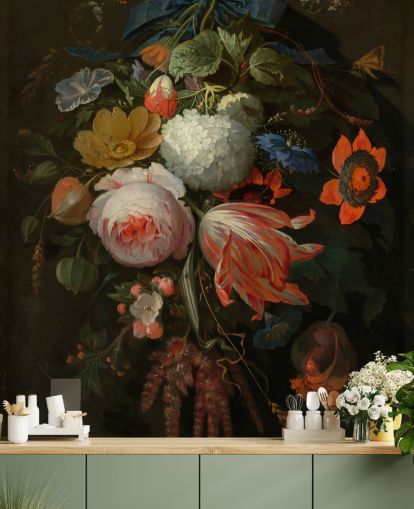 papier peint mural floral appelé A Hanging Bouquet of Flowers d'Abraham Mignon pour les chambres et les salons