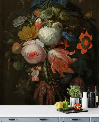 floral wallpaper mural called A Hanging Bouquet of Flowers by Abraham Mignon for bedrooms and living rooms