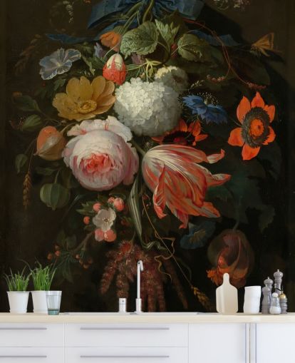 blomstertapet vægmaleri kaldet A Hanging Bouquet of Flowers af Abraham Mignon til soveværelser og stuer