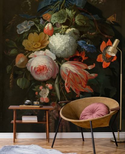 floral wallpaper mural called A Hanging Bouquet of Flowers by Abraham Mignon for bedrooms and living rooms