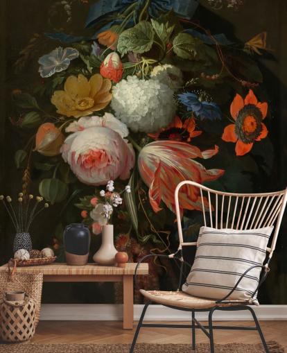 floral wallpaper mural called A Hanging Bouquet of Flowers by Abraham Mignon for bedrooms and living rooms