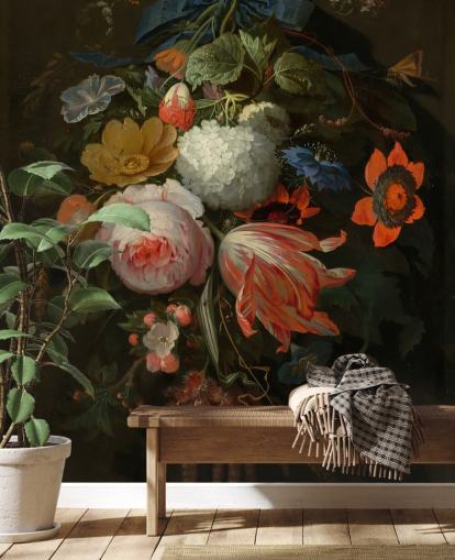 mural de papel pintado floral llamado A Hanging Bouquet of Flowers de Abraham Mignon para dormitorios y salas de estar