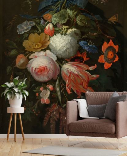 blomstertapet vægmaleri kaldet A Hanging Bouquet of Flowers af Abraham Mignon til soveværelser og stuer