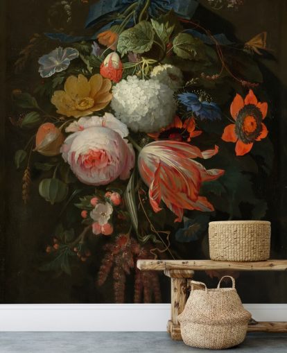 papier peint mural floral appelé A Hanging Bouquet of Flowers d'Abraham Mignon pour les chambres et les salons