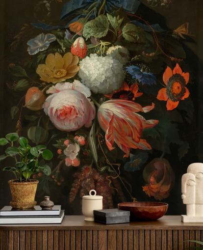 blomstertapet veggmaleri kalt A Hanging Bouquet of Flowers av Abraham Mignon for soverom og stuer