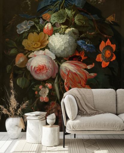blommig tapetväggmålning kallad A Hanging Bouquet of Flowers av Abraham Mignon för sovrum och vardagsrum