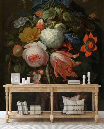 Blumentapete mit dem Titel A Hanging Bouquet of Flowers von Abraham Mignon für Schlafzimmer und Wohnzimmer