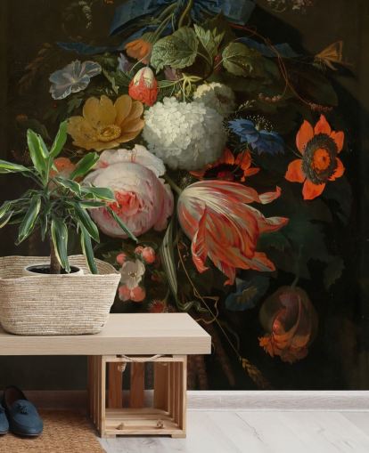 blommig tapetväggmålning kallad A Hanging Bouquet of Flowers av Abraham Mignon för sovrum och vardagsrum