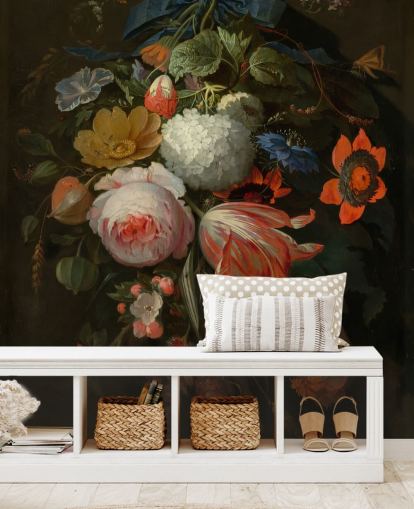 carta da parati murale floreale chiamata A Hanging Bouquet of Flowers di Abraham Mignon per camere da letto e salotti