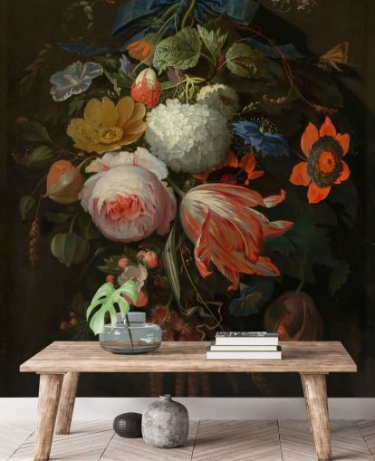 mural de papel pintado floral llamado A Hanging Bouquet of Flowers de Abraham Mignon para dormitorios y salas de estar