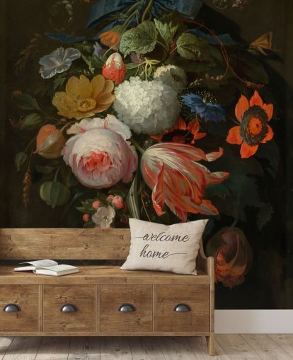Abraham Mignonin kukka-taustakuvamaalaus nimeltä A Hanging Bouquet of Flowers makuuhuoneisiin ja olohuoneisiin