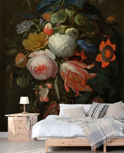 blomstertapet vægmaleri kaldet A Hanging Bouquet of Flowers af Abraham Mignon til soveværelser og stuer