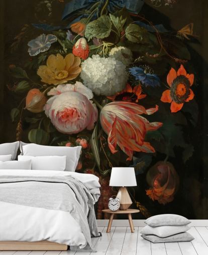 floral wallpaper mural called A Hanging Bouquet of Flowers by Abraham Mignon for bedrooms and living rooms