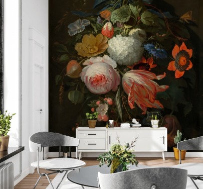 Abraham Mignonin kukka-taustakuvamaalaus nimeltä A Hanging Bouquet of Flowers makuuhuoneisiin ja olohuoneisiin