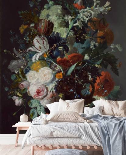 blommig tapet kallad Stilleben med blommor och frukt (1715) av Jan van Huysum för sovrum och blommig tapet kallad Stilleben med blommor och frukt (1715) av Jan van Huysum för sovrum och