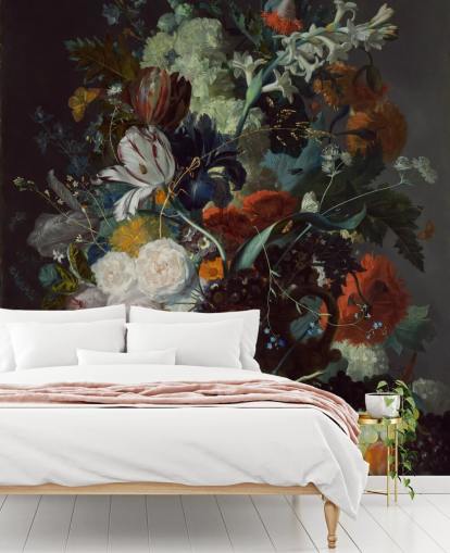blomstertapet kaldet Stilleben med blomster og frugt (1715) af Jan van Huysum til soveværelser og blomstertapet kaldet Stilleben med blomster og frugt (1715) af Jan van Huysum til soveværelser og