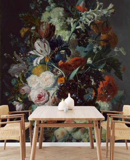 papel de parede floral chamado Still Life with Flowers and Fruit (1715) de Jan van Huysum para quartos e 