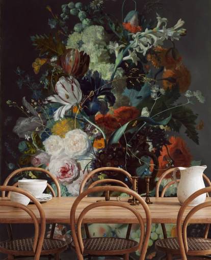 papier peint floral intitulé Nature morte aux fleurs et aux fruits (1715) de Jan van Huysum pour les chambres à coucher et 