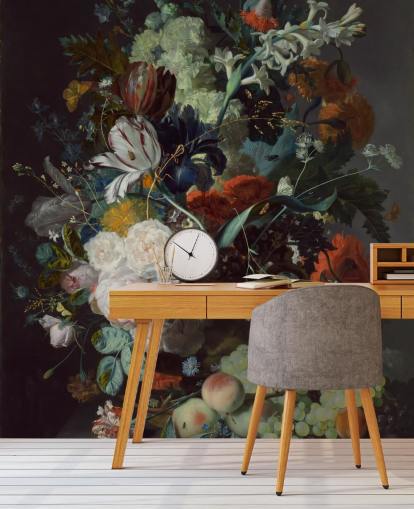 floral wallpaper called Still Life with Flowers and Fruit (1715) by Jan van Huysum for bedrooms and floral wallpaper called Still Life with Flowers and Fruit (1715) by Jan van Huysum for bedrooms and
