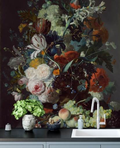 blomstertapet kaldet Stilleben med blomster og frugt (1715) af Jan van Huysum til soveværelser og 