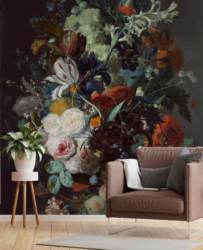 floral wallpaper called Still Life with Flowers and Fruit (1715) by Jan van Huysum for bedrooms and floral wallpaper called Still Life with Flowers and Fruit (1715) by Jan van Huysum for bedrooms and