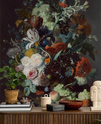 Blumentapete namens Stillleben mit Blumen und Früchten (1715) von Jan van Huysum für Schlafzimmer und 